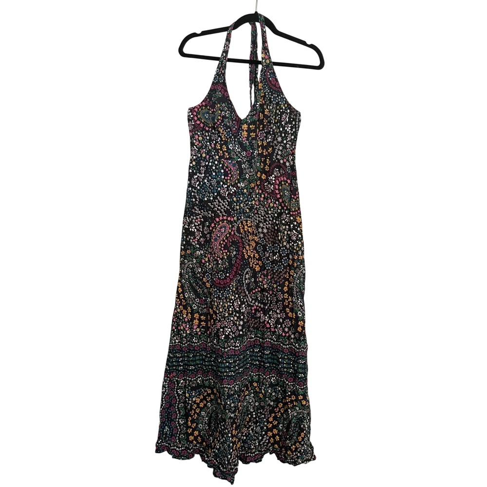 Dorothy Perkins Floral Paisley Halter Maxi Dress Black Cotton Boho Tiered Sz 12